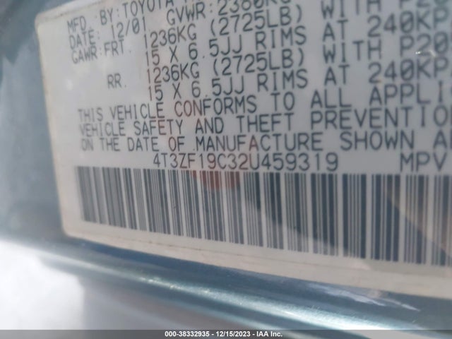 2002 TOYOTA SIENNA CE VIN: 4T3ZF19C32U459319
