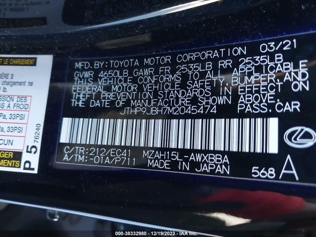 2021 LEXUS UX 250H VIN: JTHP9JBH7M2045474