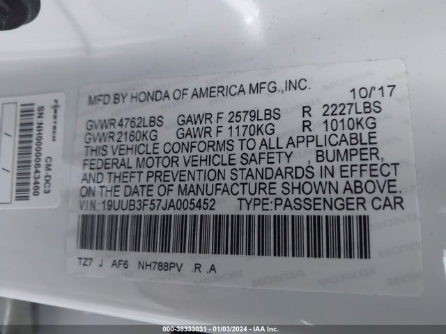 19UUB3F57JA005452 Acura Tlx Tech Pkg