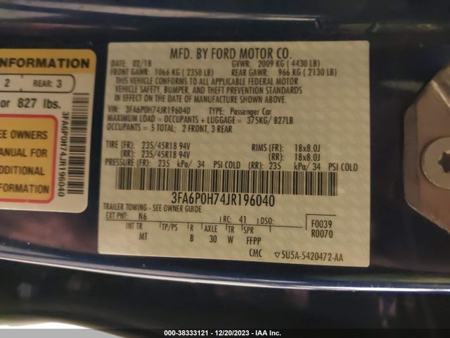 2018 FORD FUSION SE VIN: 3FA6P0H74JR196040