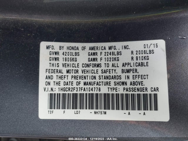 Honda ACCORD LX 2015 1HGCR2F37FA104778 Image 9
