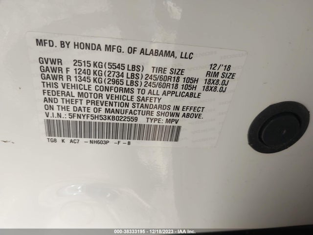 Honda Pilot Ex-l 2019 5FNYF5H53KB022559 Image 9