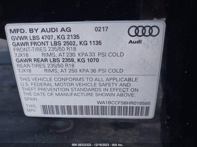 WA1BCCFS6HR016585 Audi Q3 2.0t Premium
