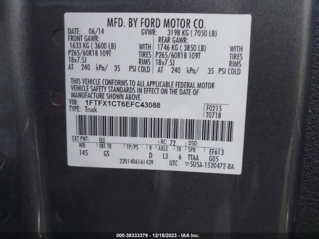 Ford F-150 Xlt 2014 1FTFX1CT6EFC43088 Image 9