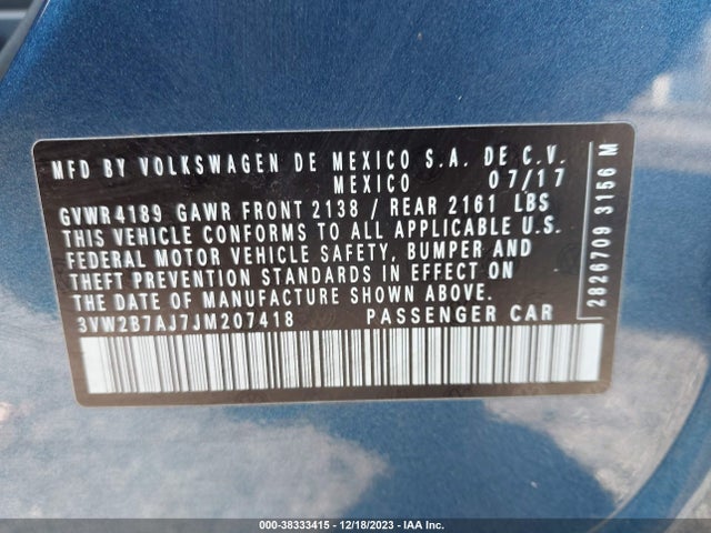 2018 VOLKSWAGEN JETTA 1.4T S VIN: 3VW2B7AJ7JM207418