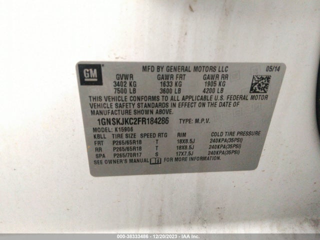 Chevrolet Suburban 1500 Lt 2015 1GNSKJKC2FR184286 Image 9