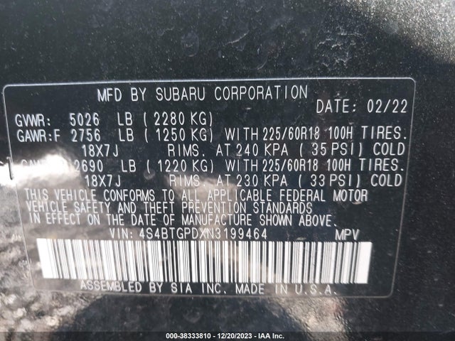 4S4BTGPDXN3199464 Subaru Outback Touring Xt