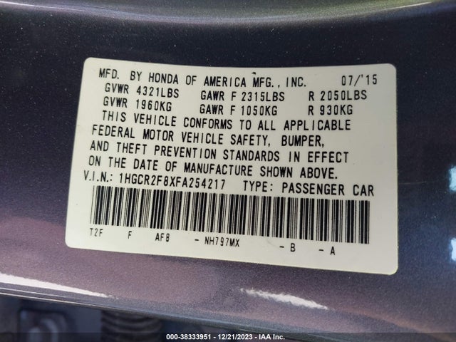 Honda Accord Ex-l 2015 1HGCR2F8XFA254217 Image 9