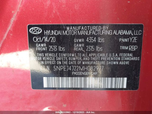 5NPEJ4J22MH082977 Hyundai Sonata Sel Plus
