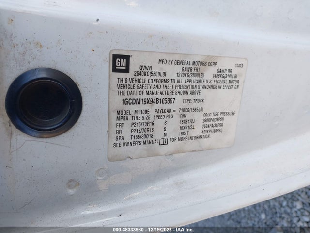 2004 CHEVROLET ASTRO VIN: 1GCDM19X94B105867