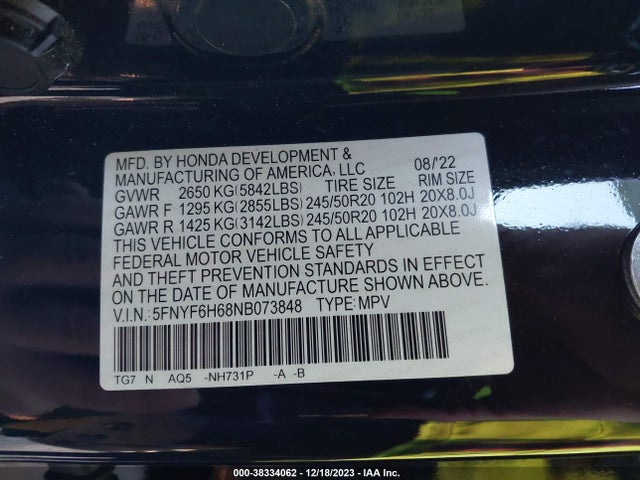 Honda Pilot Awd Touring 7 Passenger 2022 5FNYF6H68NB073848 Image 9