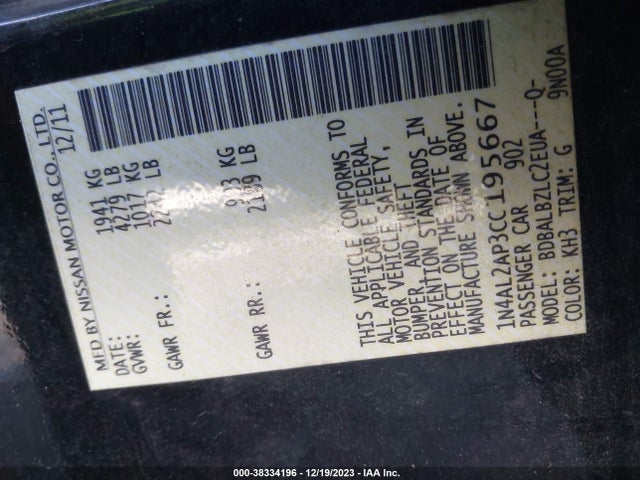 2012 NISSAN ALTIMA 2.5 S VIN: 1N4AL2AP3CC195667