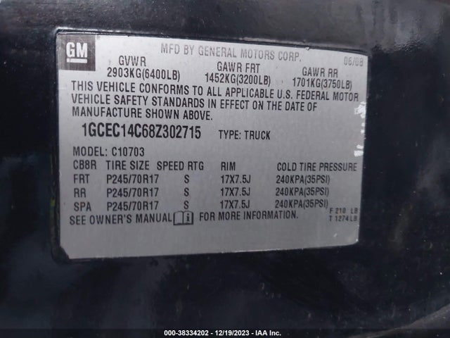 2008 CHEVROLET SILVERADO 1500 WORK TRUCK VIN: 1GCEC14C68Z302715