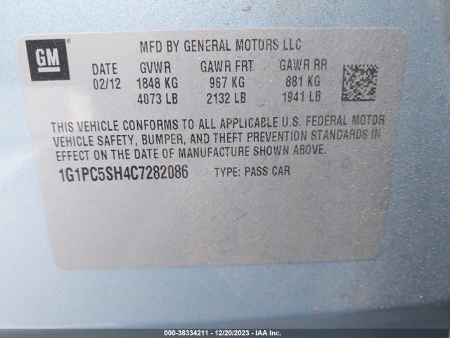 2012 CHEVROLET CRUZE LS VIN: 1G1PC5SH4C7282086