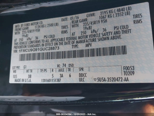 2016 FORD ESCAPE SE VIN: 1FMCU9G91GUC28873