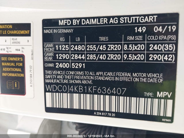2019 MERCEDES-BENZ GLC 300 COUPE 4MATIC VIN: WDC0J4KB1KF636407