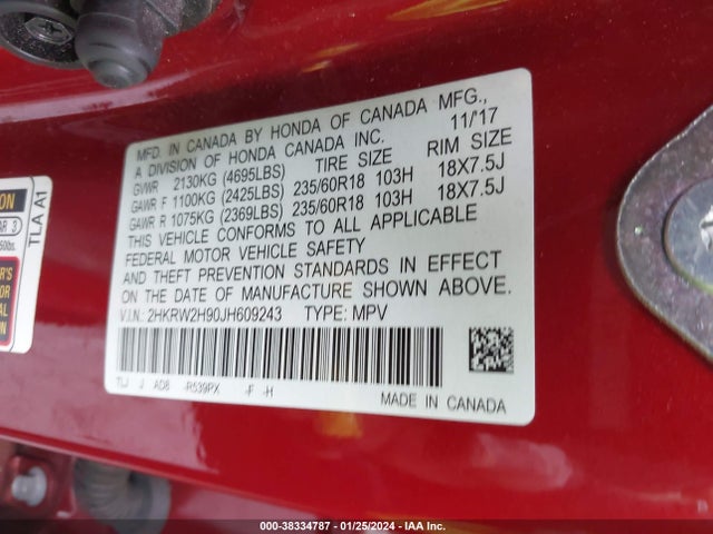 Honda Cr-v Touring 2018 2HKRW2H90JH609243 Image 9