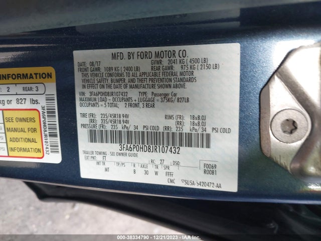 Ford FUSION SE 2018 3FA6P0HD8JR107432 Image 9