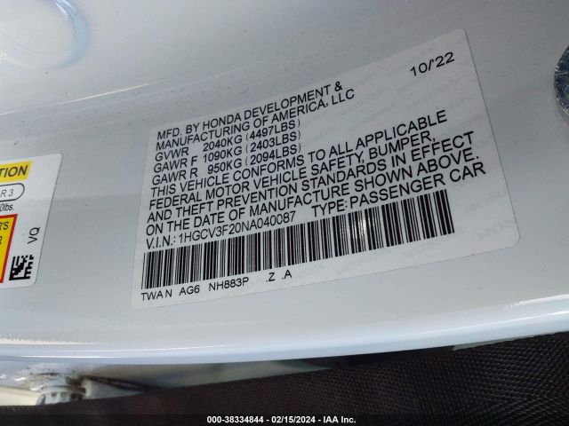 1HGCV3F20NA040087 Honda Accord Hybrid Sport