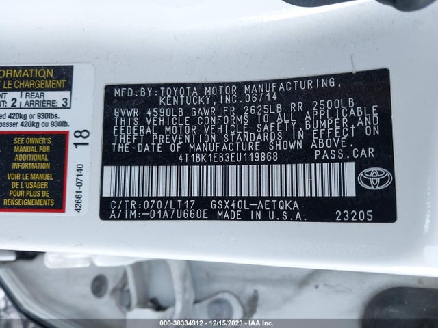 2014 TOYOTA AVALON XLE TOURING VIN: 4T1BK1EB3EU119868