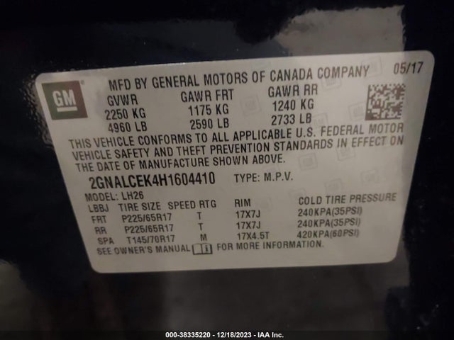 Продажа на аукционе авто 2017 Chevrolet Equinox Lt, vin: 2GNALCEK4H1604410, номер лота: 38335220