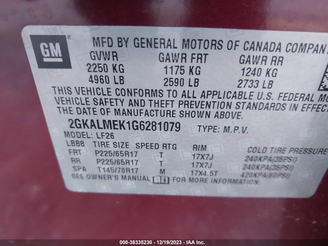 GMC Terrain Sle-1 2016 2GKALMEK1G6281079 Image 9