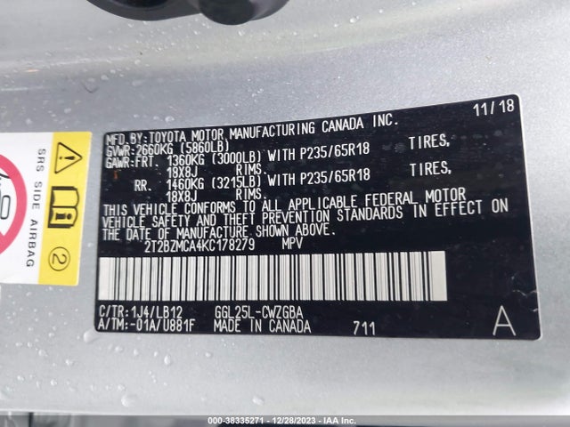 Lexus RX 350 2019 2T2BZMCA4KC178279 Image 9