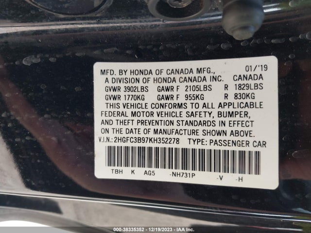 Honda Civic Touring 2019 2HGFC3B97KH352278 Image 9