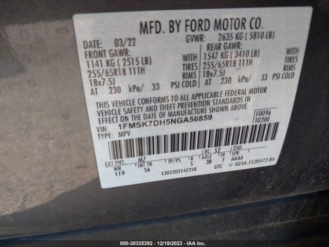 1FMSK7DH5NGA56859 Ford EXPLORER XLT