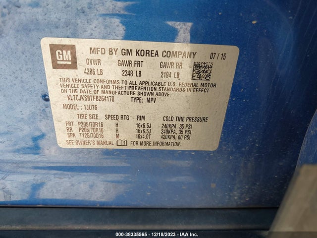 Chevrolet Trax 1ls 2015 KL7CJKSB7FB264170 Image 9