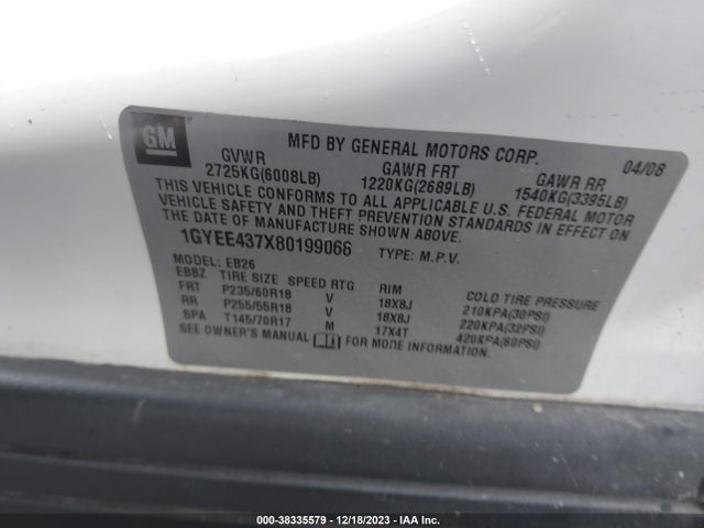 2008 CADILLAC SRX V6 VIN: 1GYEE437X80199068