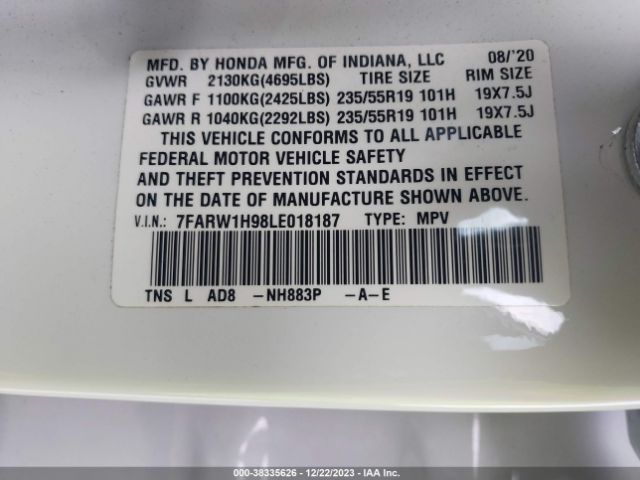 7FARW1H98LE018187 Honda Cr-v 2wd Touring
