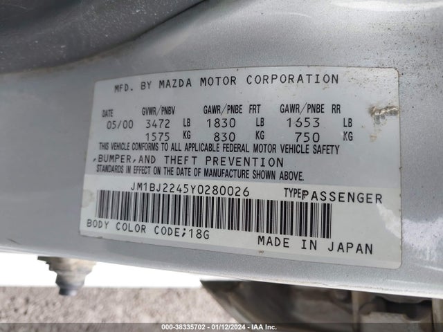 2000 MAZDA PROTEGE DX/LX VIN: JM1BJ2245Y0280026