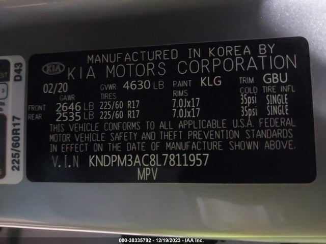 2020 KIA SPORTAGE LX VIN: KNDPM3AC8L7811957