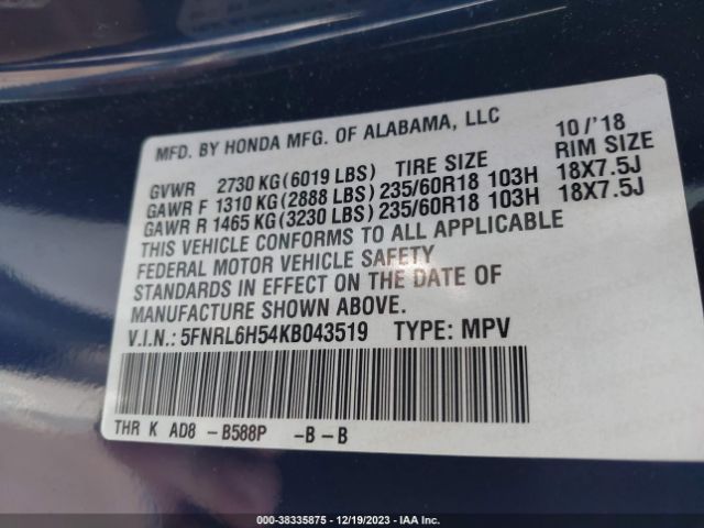 5FNRL6H54KB043519 Honda ODYSSEY EX