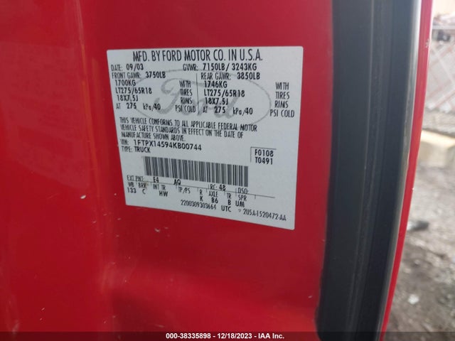 2004 FORD F-150 FX4/LARIAT/XL/XLT VIN: 1FTPX14594KB00744