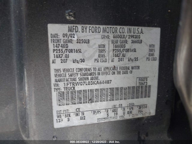 2003 FORD F-150 LARIAT/XLT VIN: 1FTRW07L03KA64487