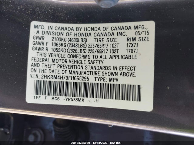Honda Cr-v Ex-l 2015 2HKRM4H73FH665295 Image 9
