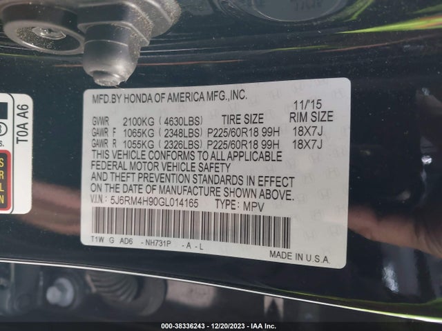 Honda Cr-v Touring 2016 5J6RM4H90GL014165 Image 9