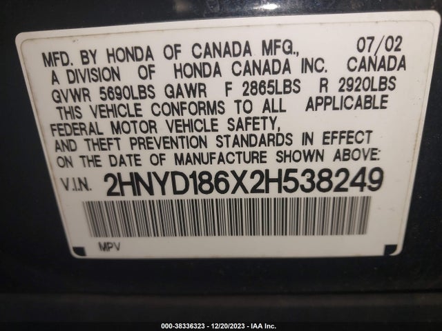 2002 ACURA MDX TOURING PKG VIN: 2HNYD186X2H538249