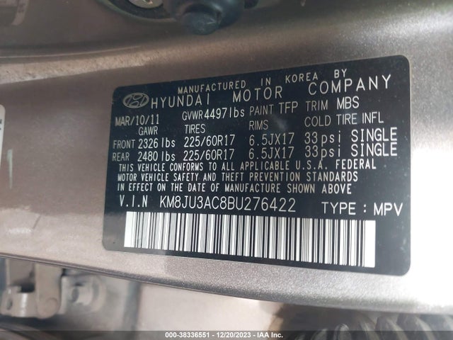 2011 HYUNDAI TUCSON GLS VIN: KM8JU3AC8BU276422