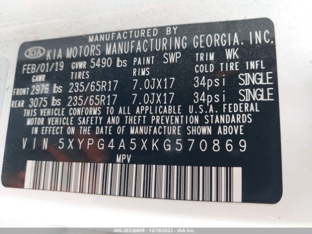 5XYPG4A5XKG570869 KIA Sorento 3.3l Lx