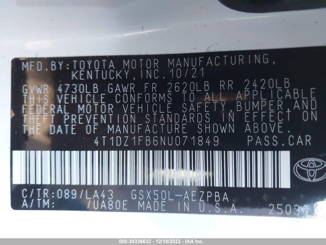 2022 TOYOTA AVALON LIMITED VIN: 4T1DZ1FB6NU071849