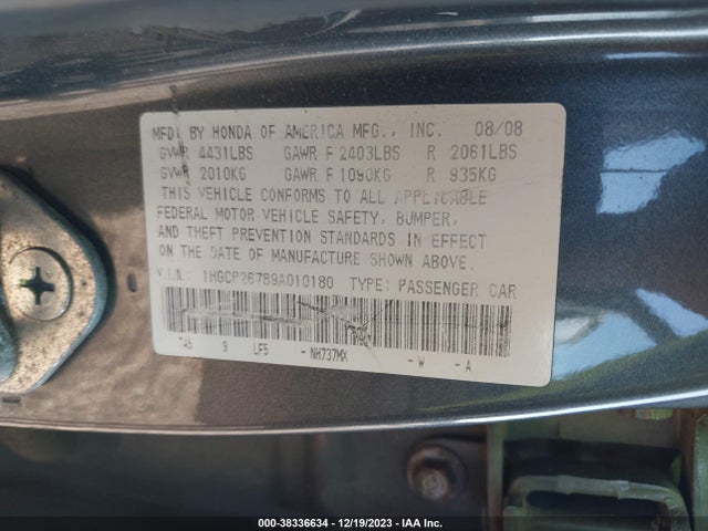 2009 HONDA ACCORD 2.4 EX VIN: 1HGCP26789A010180