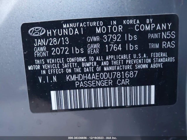 2013 HYUNDAI ELANTRA LIMITED (ULSAN PLANT) VIN: KMHDH4AE0DU781687