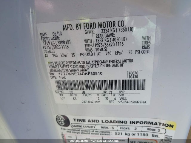 2013 FORD F-150 KING RANCH VIN: 1FTFW1ET4DKF30810