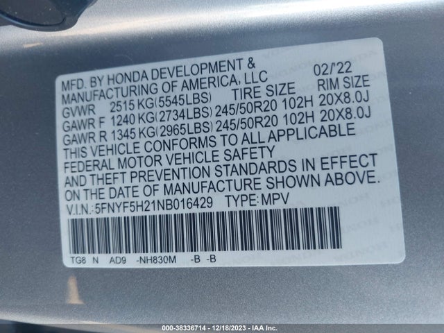 Honda Pilot 2wd Special Edition 2022 5FNYF5H21NB016429 Image 9