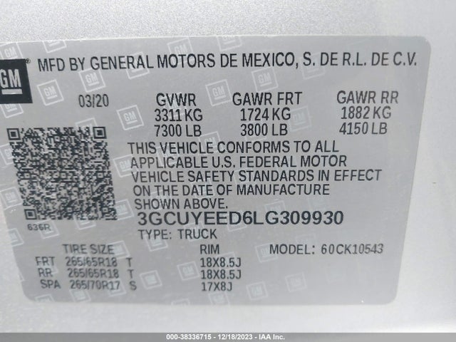 2020 CHEVROLET SILVERADO 1500 4WD SHORT BED RST VIN: 3GCUYEED6LG309930