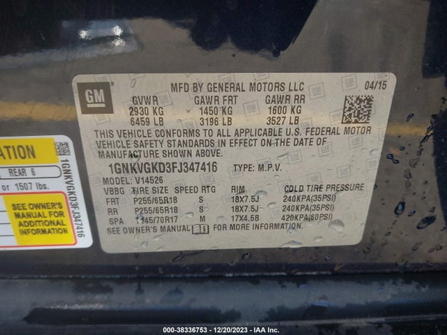 Chevrolet Traverse 1lt 2015 1GNKVGKD3FJ347416 Image 9