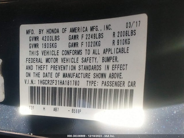 Honda ACCORD LX 2017 1HGCR2F31HA181780 Image 9